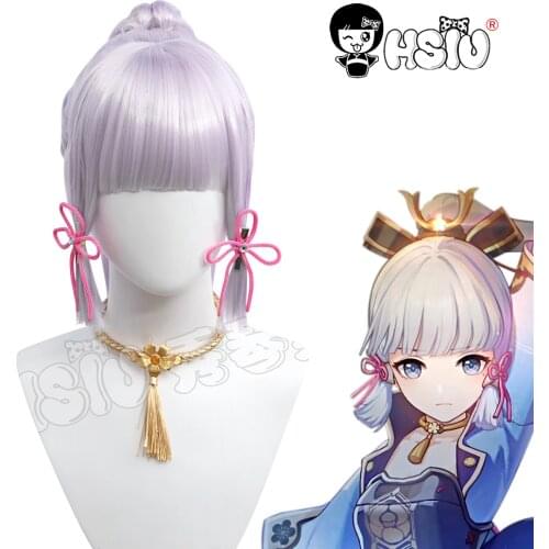 Kamisa Ayaka cosplay wig Genshin Impact cosplay「HSIU 」Fiber synthetic wig Silvery white taro color Long hair+Necklace + earrings