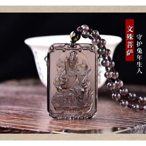 Hand Carven Amulet Real ice obsidian Manjusri Pendant Lucky Bead Necklace TALISMAN