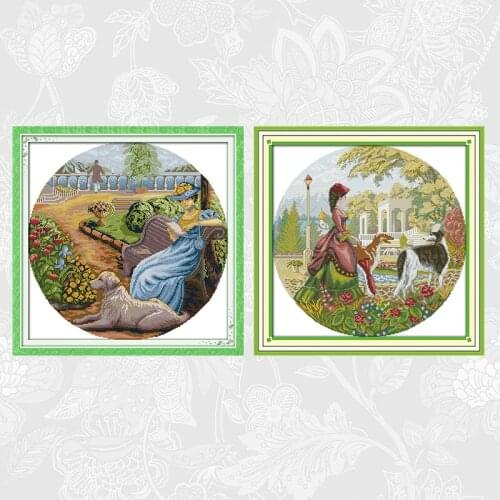 Lady and Dog Patterns Aida Fabric DIY Handwrok Cross Stitch Kits DMC Counted Cross-stitch Embroidery Needlework Home Decor