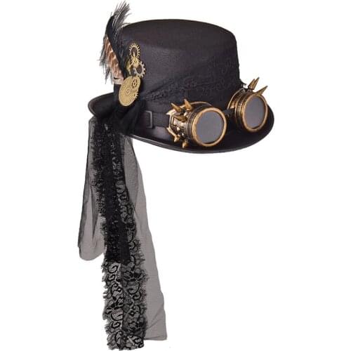 Handmade Steampunk Hat Women Men Punk Top Hats With Gear Glasses Performance Stage Magic Hat