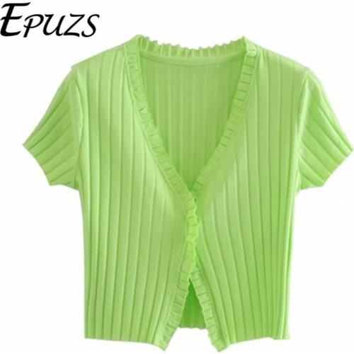 Sexy Green V-Neck Knitted Sweater Fashion Slim Short Sleeve Ruched Eurpean Cardigan Sweater Casual Elegant Chic Tops 2020 New