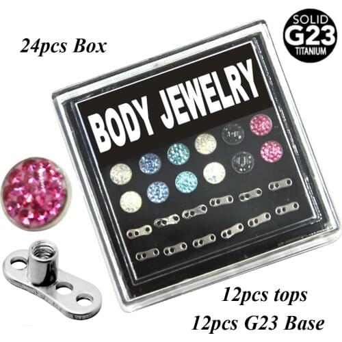 24pcs/box G23 Titanium Ferido Crystal Epoxy Dermal Anchor Piercing Body Jewelry Top Head with 3 Holes Base