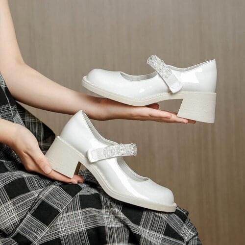 Summer thick-heeled high-heeled patent leather thick-soled simple daily single shoes all-match beaded womens single shoes