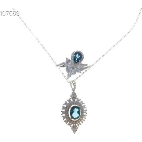 KJJEAXCMY Fine Jewelry 925 sterling silver inlaid natural blue topaz gemstone female ring necklace pendant set support detection