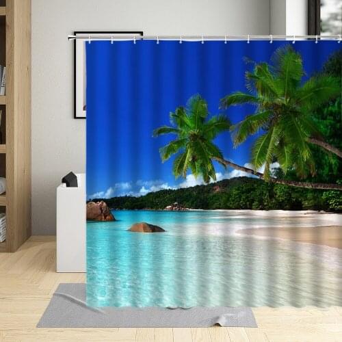 Summer Seaside Shower Curtain Coconut Tree Beach Shell Bathroom Decor Blue Ocean Scenery Curtains With Hooks Washable Fabric
