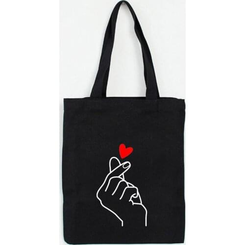 Heart Gesture Women Canvas Foldable Shopping Bag Cartoon Cotton Bag Female Handbags Tote Shoulder Shopper Bag Bolsa Feminina
