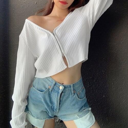 Womens Chic Long Sleeve T-Shirt Solid Color V-Neck Double Headed Zipper Fitting Spring Wild Casual Exposed Navel Crop Tops