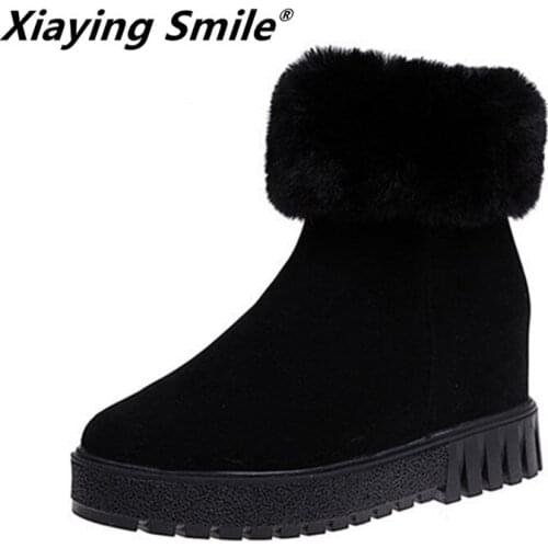 Xiaying Smile New Winter Women Snow Boots Warm Round Toe Ankle Boots Solid Platform Flats Fashion Casual Flock Rubber Shoe