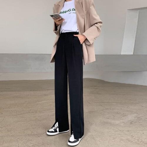 Womens Trousers Summer Front Split Leg Straight Pants High Waist Korean Streetwear Ladies Black Bell Bottom Wide Leg Pants 2021