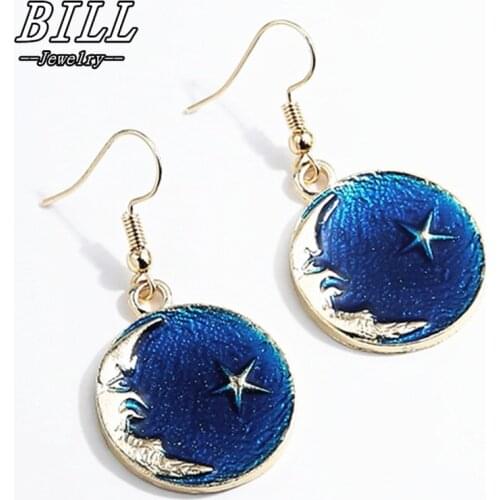 ES2050 Moon Star Dangle Earrings Women Drop Brincos Bijoux boucle d'oreille Fashion Jewelry Earring Blue Universe Pendientes NEW