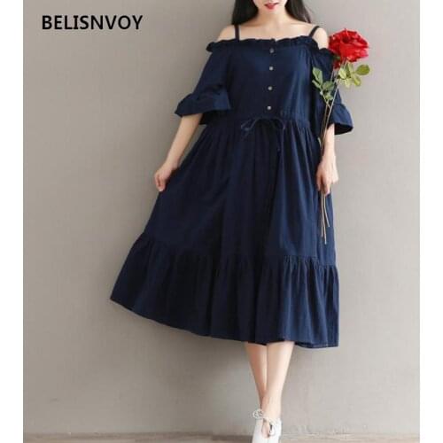 Mori Girl Summer Women Midi Beach Sundress Suspenders Slash Neck Casual Loose Holiday Dress Vintage Cotton Linen Pleated Dresses