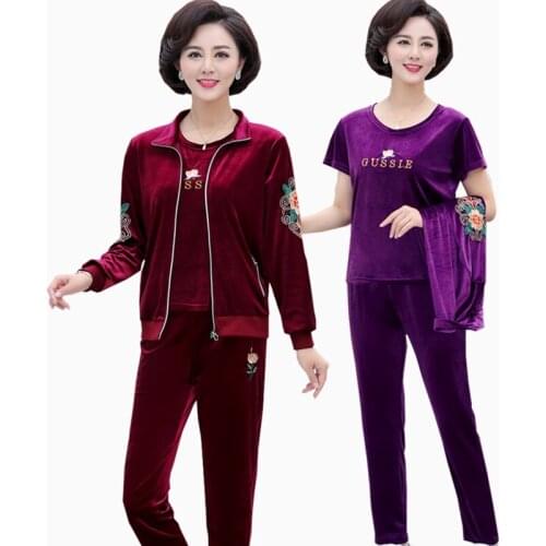 2019 Middle-aged and Mother Autumn Gold Velvet Three-piece Womens Spring Casual T-shirt +Jacket and Pants Sports 3 Suits M206