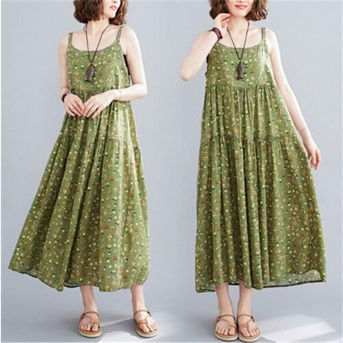 2021 Summer Fashion New Mid-Length Plus Size Women Clothing Sleeveless Sling A-Shaped Large Floral Cotton And Linen Dress H095