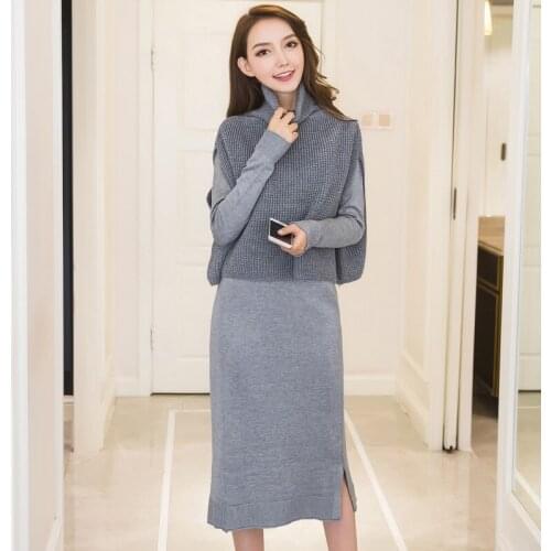 The New Winter Women Dress Knitted Sweater Grey Black Long Sleeve Turtleneck Dress two piece set shawl Vintage Dresses T759