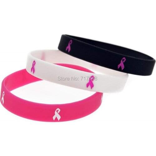 100pcs cancer Ribbon inspirational Pink ribbon wristband silicone bracelets free shipping by ePacket A
