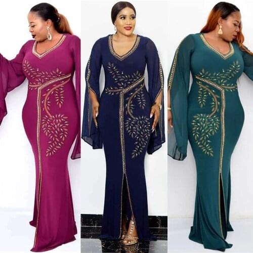 African Dresses For Women Robe Africaine Beading Diamonds 2020 New Fashion African Clothing Dashiki Flare Sleeve Long Maxi Dress