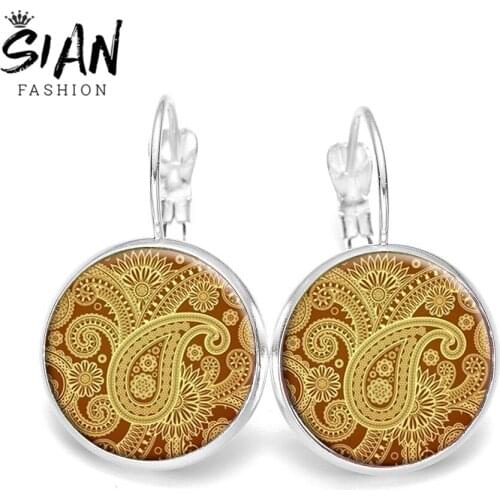SIAN Vintage Floral Print Drop Earrings Boho Geometric Mandala Exaggeration Print Glass Round Hanging Earrings Statement Jewelry