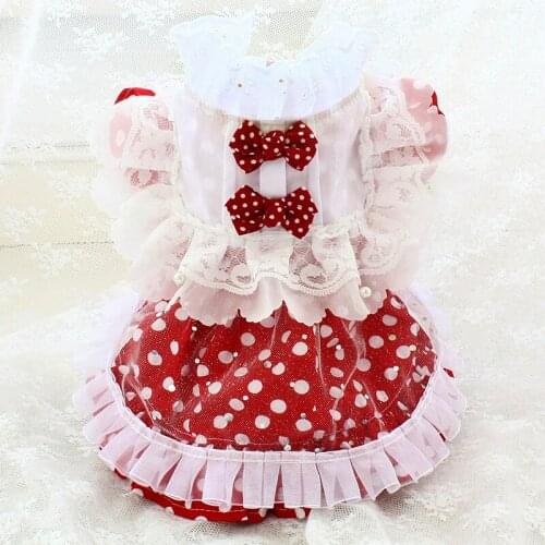 Free Shipping Handmade Dog Dress Retro Cute Classic Lace Red Dot Skirt Bow Princess Cat Pet Clothes Shirt Poodle Maltese Yorkie