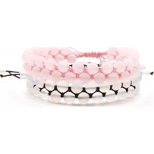 Pure White/Pink Natural Stone 2 Layers Gemstone Kintted Wrap Bracelet Adjustable Black/Pink Rope Chain Suitable for Summer
