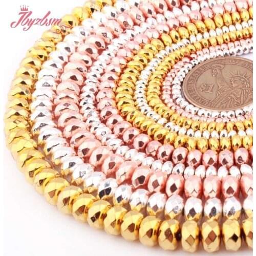 Natural Silver Gold Rose Gold Hematite Heishi Faceted Stone Beads 2x3/2x4/4x6/5x8mm For DIY Necklace Bracelet Jewelry Making 15"