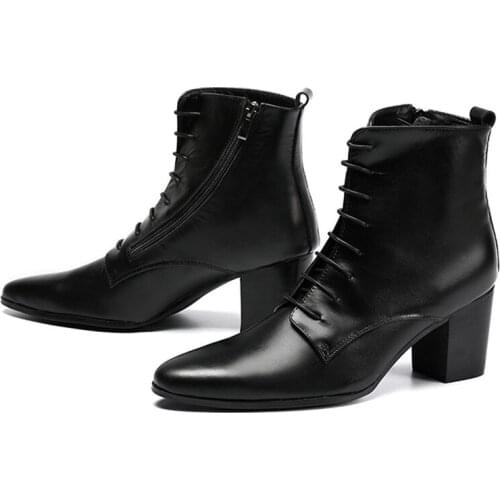 Black Soft Leather Ankle Boots Thick Heels Men Shoes Cowboy Boots Men High Heels 6.8cm Zapatos Hombre Lace Up Man Boots 46