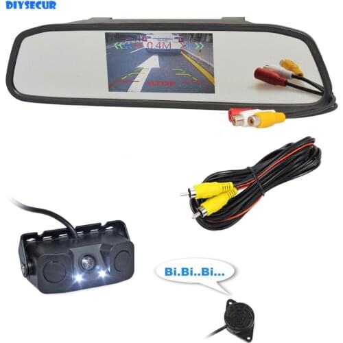 DIYSECUR Auto Speaker Parking Monitor System 4.3" Car Mirror Monitor Parking Radar Sensor LED Night Vision Car Camera