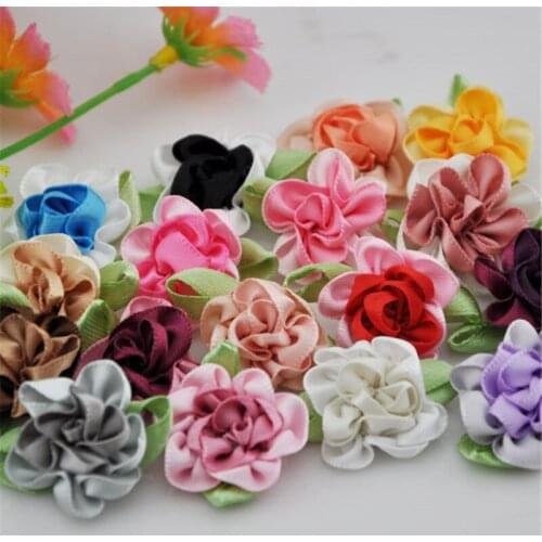 40pcs ribbon flowers with leaf handmade flowers apparel sewing appliques DIY accessories A047