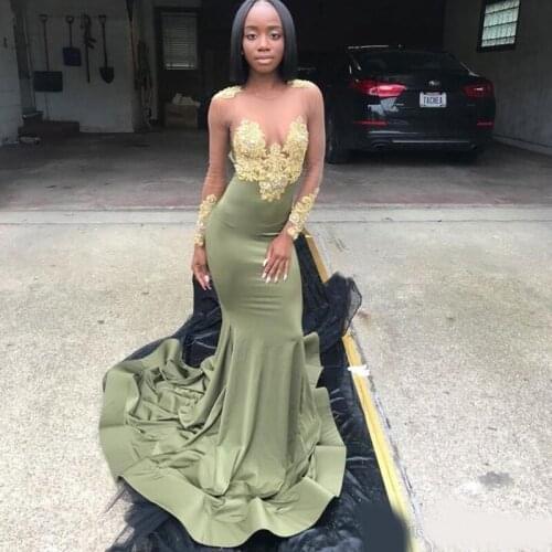 Illusion Olive Green Black Girls Prom Dresses 2020 Mermaid Evening Gowns With Gold Appliques Sweep Train Zipper Special Occasion