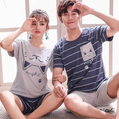 Summer Cool Outdoor Cartoon Couple Pajamas Set Casual Cotton Plus Size Korean Kawaii Pink Women Sleepwear Men And Women Homewear