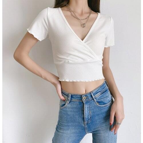 Summer new style casual solid color cross V-neck short-sleeved T-shirt women, stretch tight-fitting short-sleeved T-shirt women