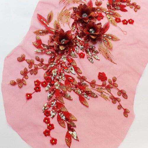 Red flower mesh sequined patches sewing on garment accessories decoration stick embroidery applique patches for clothing