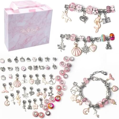 New Girls DIY Charm Bracelet Necklaces Jewelry Making Kit with Pink Gift Box for Girls Women Valentines Birthday Christmas Gift