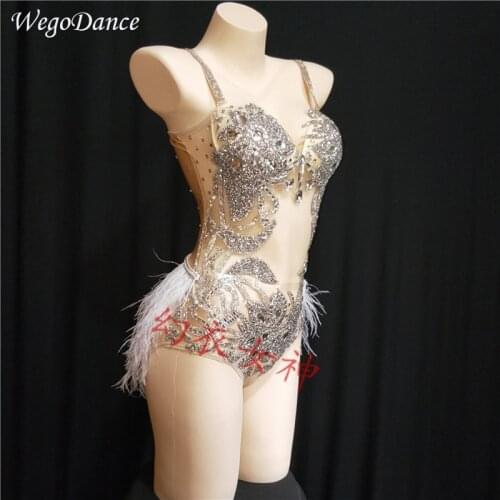 New Sparkly Silver Rhinestones Bodysuit Feather Hips Leotard Outfit Women Bar Dance Stage Party Dance Costume freeshipping