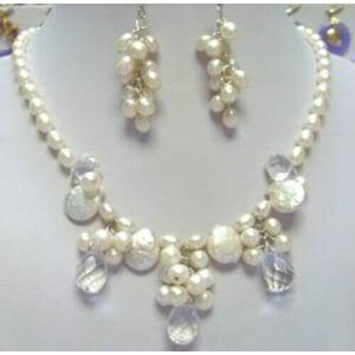 Stunning Freshwater white pearl and opal necklace earrings sets