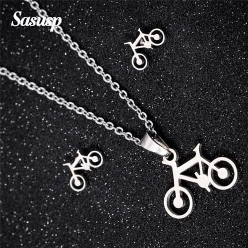 Sasusp Punk Stainless Steel Bike Bicycle Jewelry Sets For Men Earrings and Necklace Set For Women Street Pop Jewelry