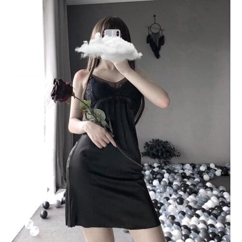 Sexy Lace Satin Lingerie Fashion Sleeping Night Dress Temptation Underwear Sling See Through V-Neck For Women Exotic Apparel