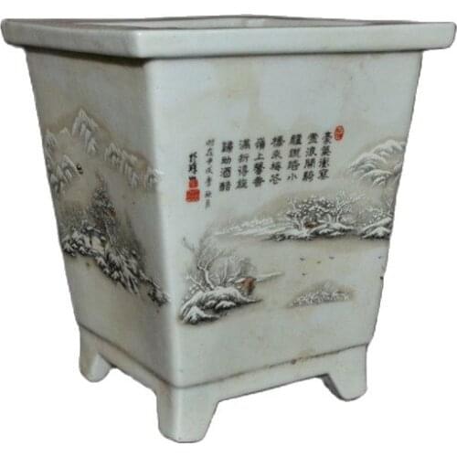 Collect Jingdezhen Ceramic snow landscape painting, high foot square inlay, calamus flowerpot flower ornaments
