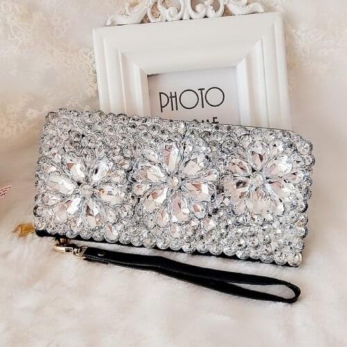 Women Wallet Crystal Totes Handbag Clutch Bags Black Luxury Flower Evening Bags Wedding Purse Leather Card Holder Ladies Bags