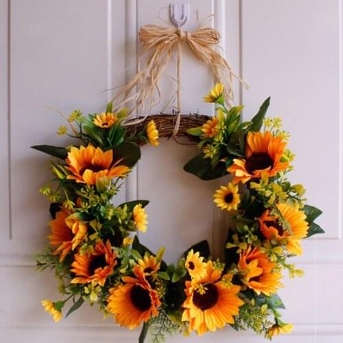Sunflower Wreath for Front Door 32-35cm Artificial Sun Flower Greenery Garland for Home Decoration,Spring & Summer Kitchen Decor
