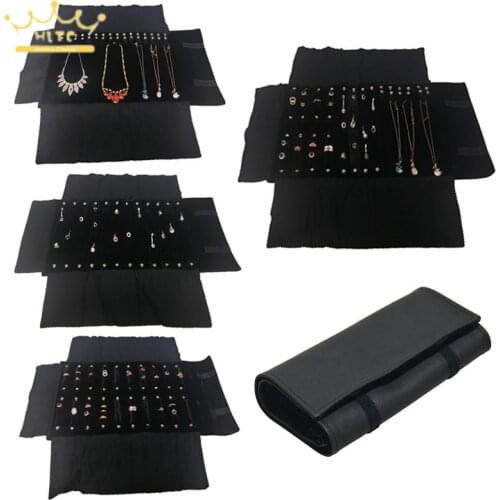 Jewelry Packaging Pouch Necklace Roll Organizer Bag Ring Earring Velvet Carrying Black Leather Display Holder