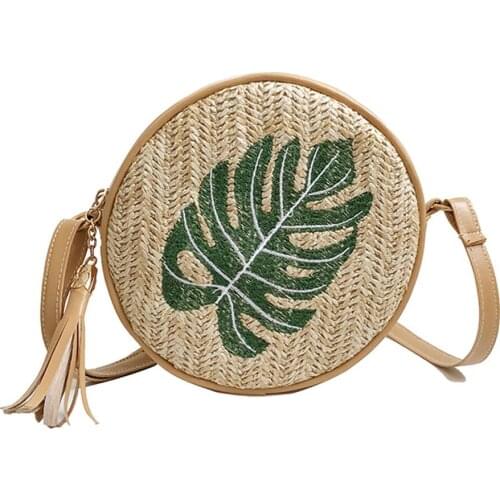 Women Shoulder Bag Straw Weave Leaf/Pineapple Embroidery Tassels Messenger Crossbody Bags New