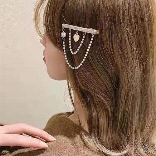 Korean New Pearl Chain Tassel Heart Pendant Rhienstone Hairpins Hair Grips For Women Sweet Hair Jewelry Accessories