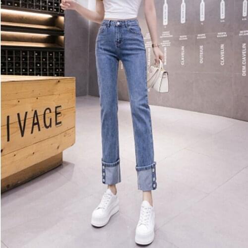 2021 Spring High Waist Straight Thin Jeans for Women Fashion Cuffed Button Cigarette Trousers Slim Skinny Denim Pants Femme XL