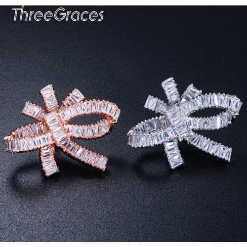 ThreeGraces Korean Rose Gold Color White Cubic Zirconia Crystal Big Bowknot Stud Earrings for Women Party Fashion Jewelry ER261