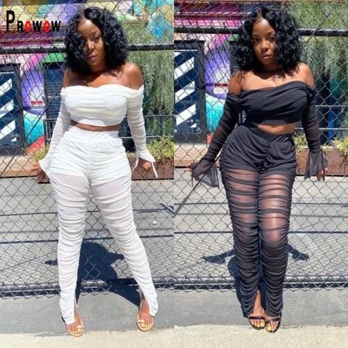 Prowow Sexy Folds Two Piece Women Matching Set Long Sleeve Backless Crop Tops Full Pant Spring Summer Mesh Outfits Streetwear