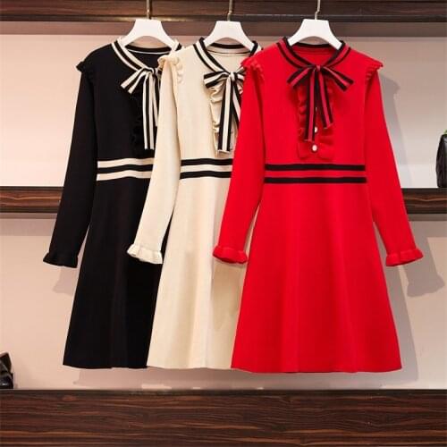 Fashion plus size women red sweater dress 2021 spring party knitted hedging ruffled bow high waist dress Vestidos 4XL dress big
