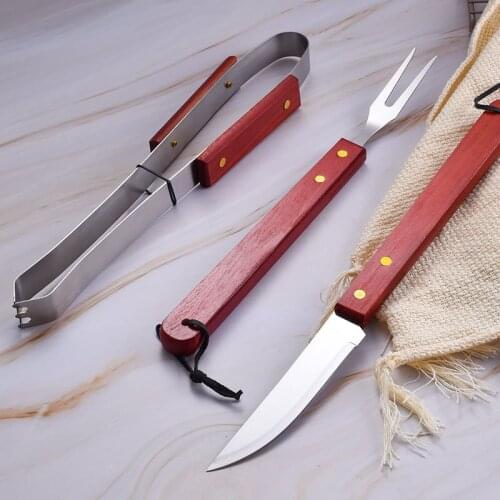 3pc/set BBQ Suit Tool Barbecue Clip Barbecue Fork Knife Outdoor Camping BBQ Accessories Stainless Grill With Wooden Handle