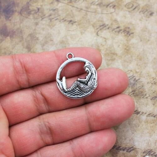 6Pcs Large Round Mermaid Charms Antique Silver Color Tone Pendant Findings DIY Handmade Accessories Jewelry Making Supplies