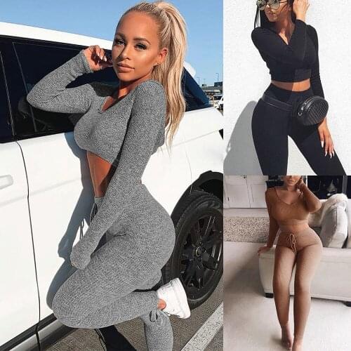 BKLD Women Tracksuits 2019 Autumn Winter Sets Sexy V-neck Long Sleeve Crop Tops And Pants Bodycon 2 Pieces Womans Black Outfit