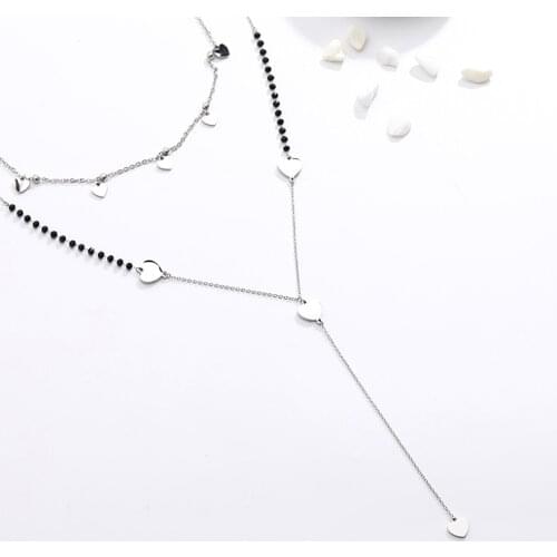 Double Layer Long Chain Necklace For Women Small Heart Charms Choker Long Necklace Stainless Steel Trendy Jewelry Party 2021 New